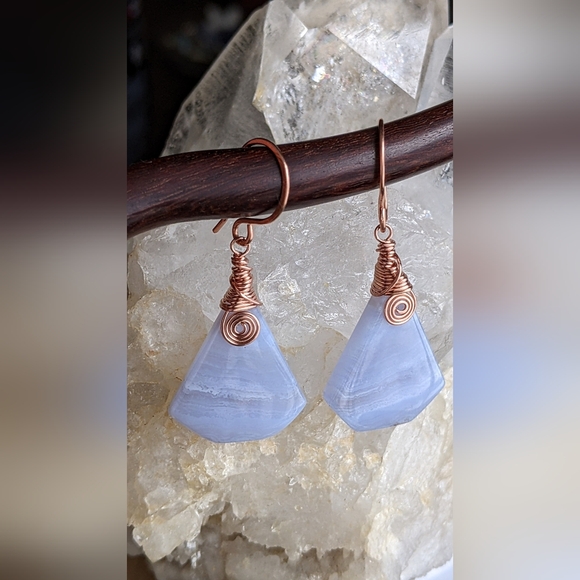 Natural Blue Lace Agate Earrings Copper Spirals Geometric Dangle Drop Design - Picture 7 of 15